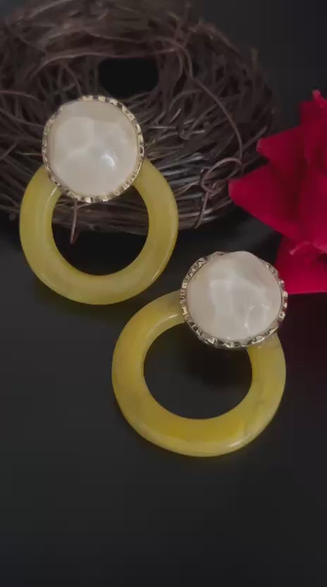Yellow Hoop Earrings with Pearl Top – Trendy Statement Jewellery